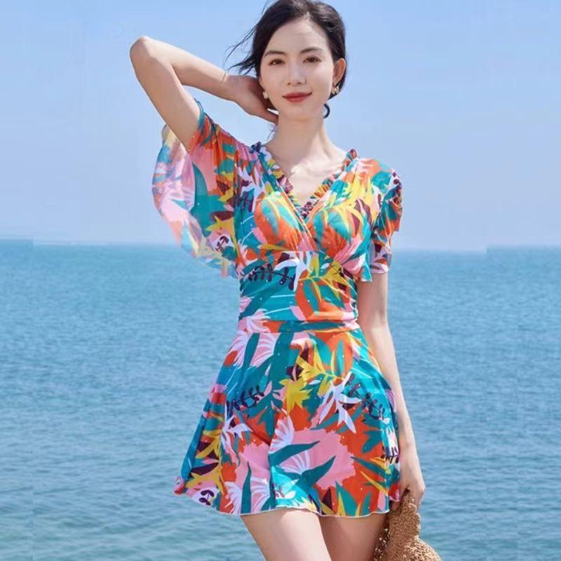 Womens V-Neck Ruffle Sleeve Swimsuit With Tropical Print Tummy Control Fit Modest One-Piece Bathing Suit Beach Vacation