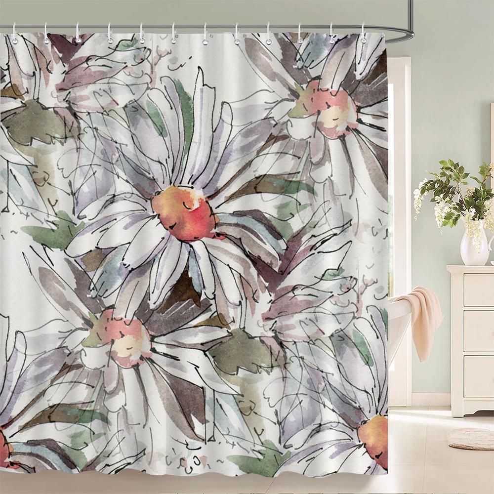 1 Pack of Watercolor Flower Plant Pattern Polyester Shower Curtain Bathroom Partition Curtain with Hooks Home Decorative Curtain