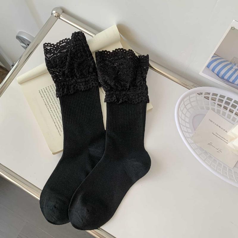 Spring and Autumn Children's Knee-length Lace-trimmed Pile-up Socks, Sweet Long Socks, Simple Style, Pure Cotton Women's Socks, Ballet Style