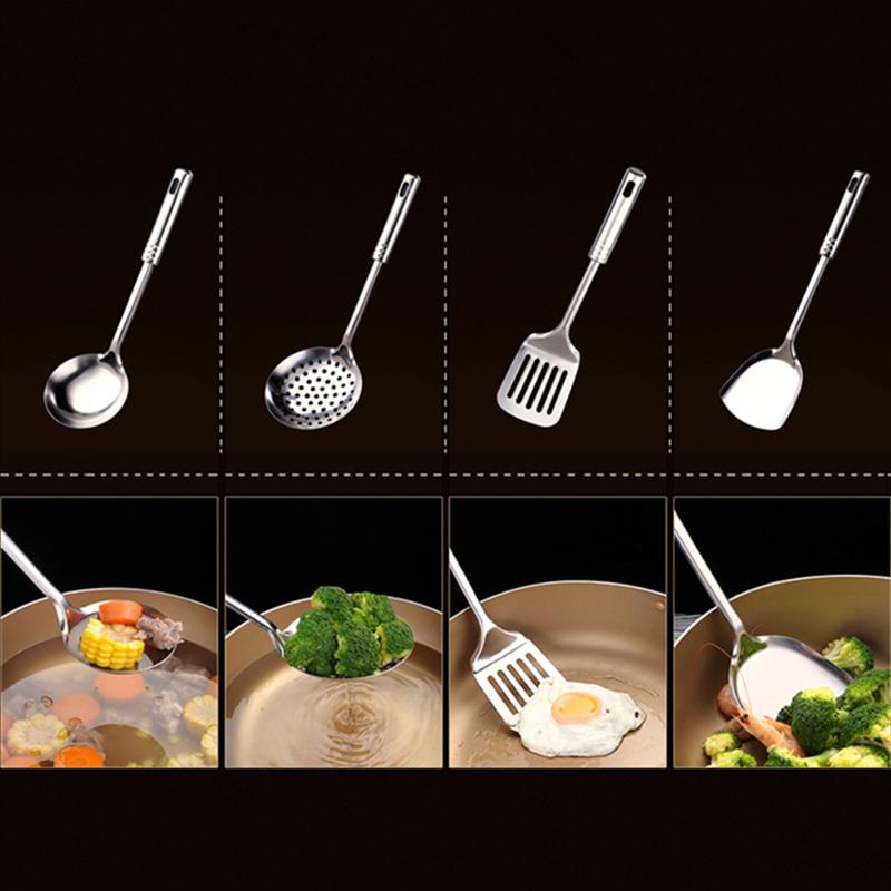 4 Pcs Durable Stainless Steel Wok Spatula Long Handle Kitchen Gadgets Kitchen Cooking Utensil Set Rice Spoon Ladle Cooking Tools