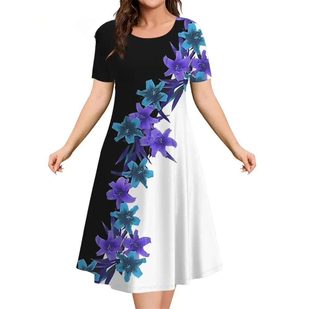 Loose Plus Size Dresses Women Flowers 3D Print Casual Summer Retro Short Sleeve Elegant Mini Dress