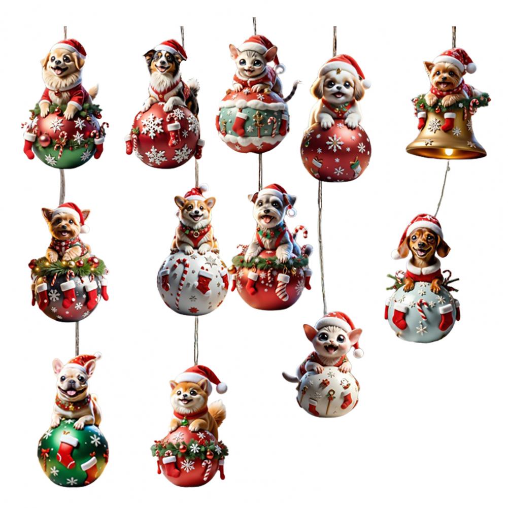 

12 Pcs Christmas Ornaments Wooden Cartoon Cat/Dog on The Ball Christmas Hanging Decorations for Xmas Tree Car Window Decor