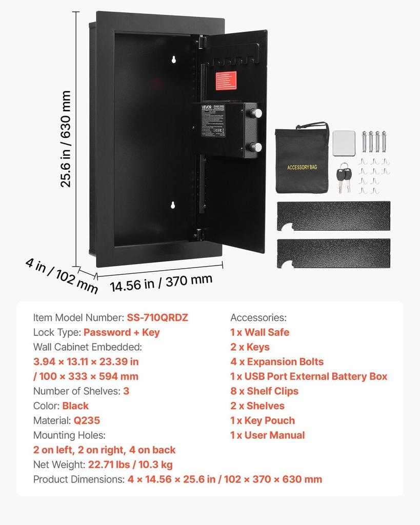 Wall Safe, 3-Tier Hidden Wall Mounted Safe with Password & Key, Q235 Cold-Rolled Steel In-Wall Box with LED Lighting, 2 Adjustable Shelves & 5 Key
