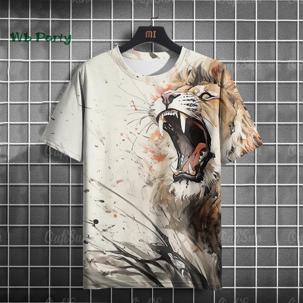 Summer Round Neck 3D Fierce Tiger Print Top Fashionable Casual Short Sleeved Men's T-shirts