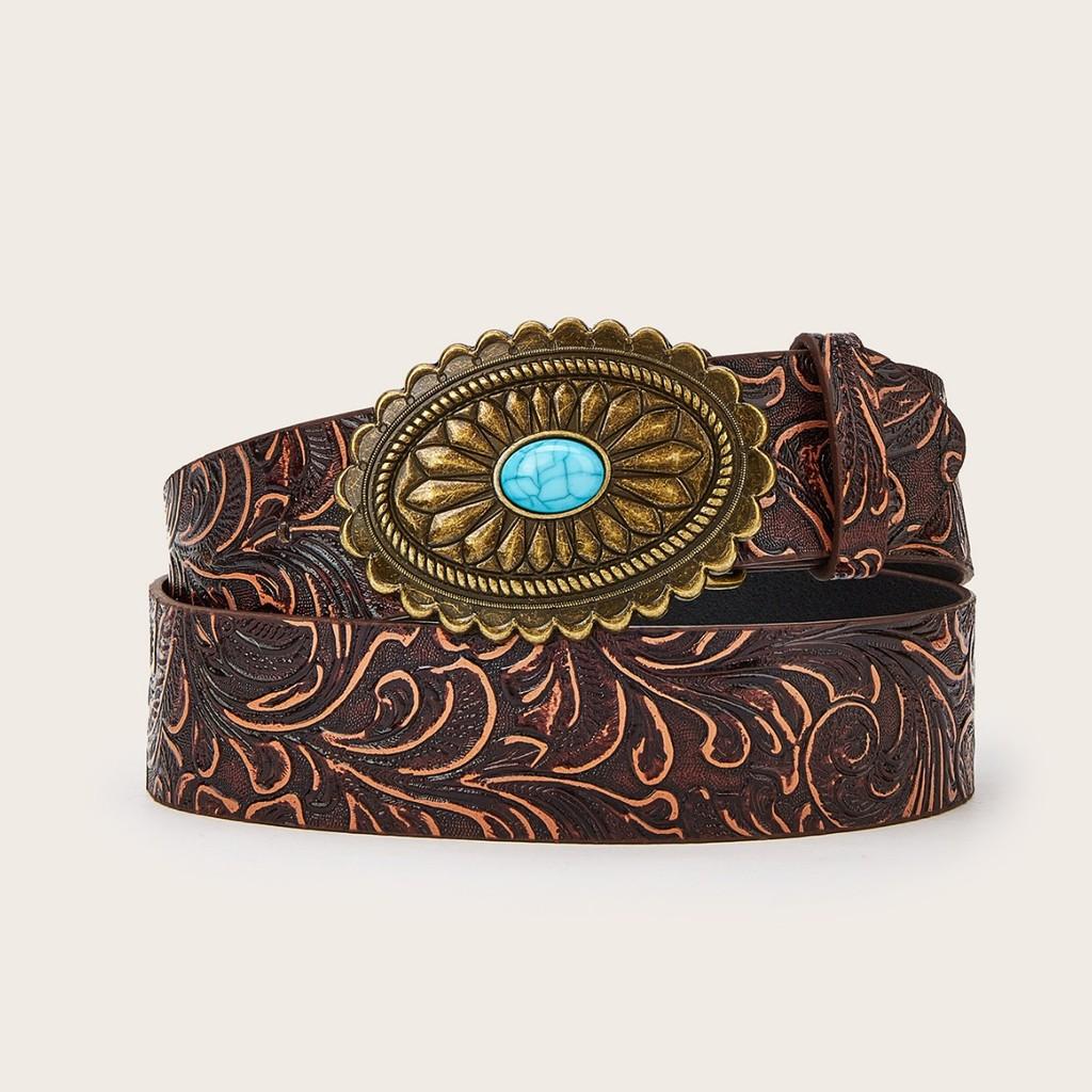 Fashion Gemstone Simulation And Metal Buckle Decor Flower Pattern Belt Women