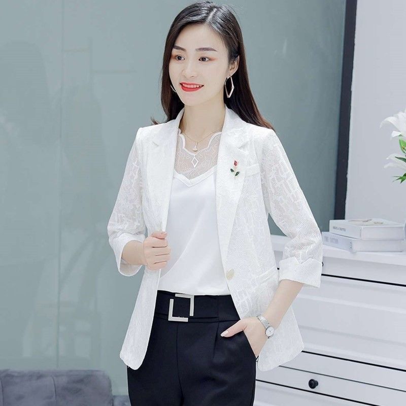 Three Quarter Sleeve Solid Color Patchwork Notched Lace Button Blazers Spring Autumn Thin Office Lady Women's Clothing Formal