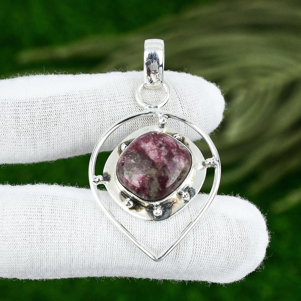 Natural Thulite Gemstone Pendant Handmade 925 Sterling Silver Indian Jewelry