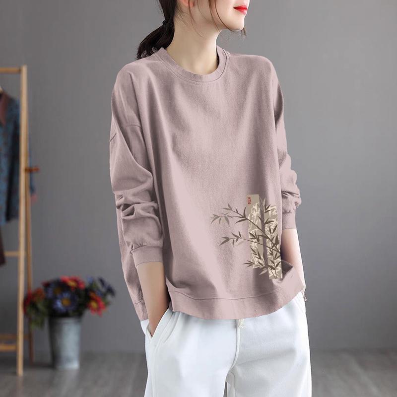Brand Women's Plus Size Long Sleeve Printed Cotton Top – Round Neck, Casual Style