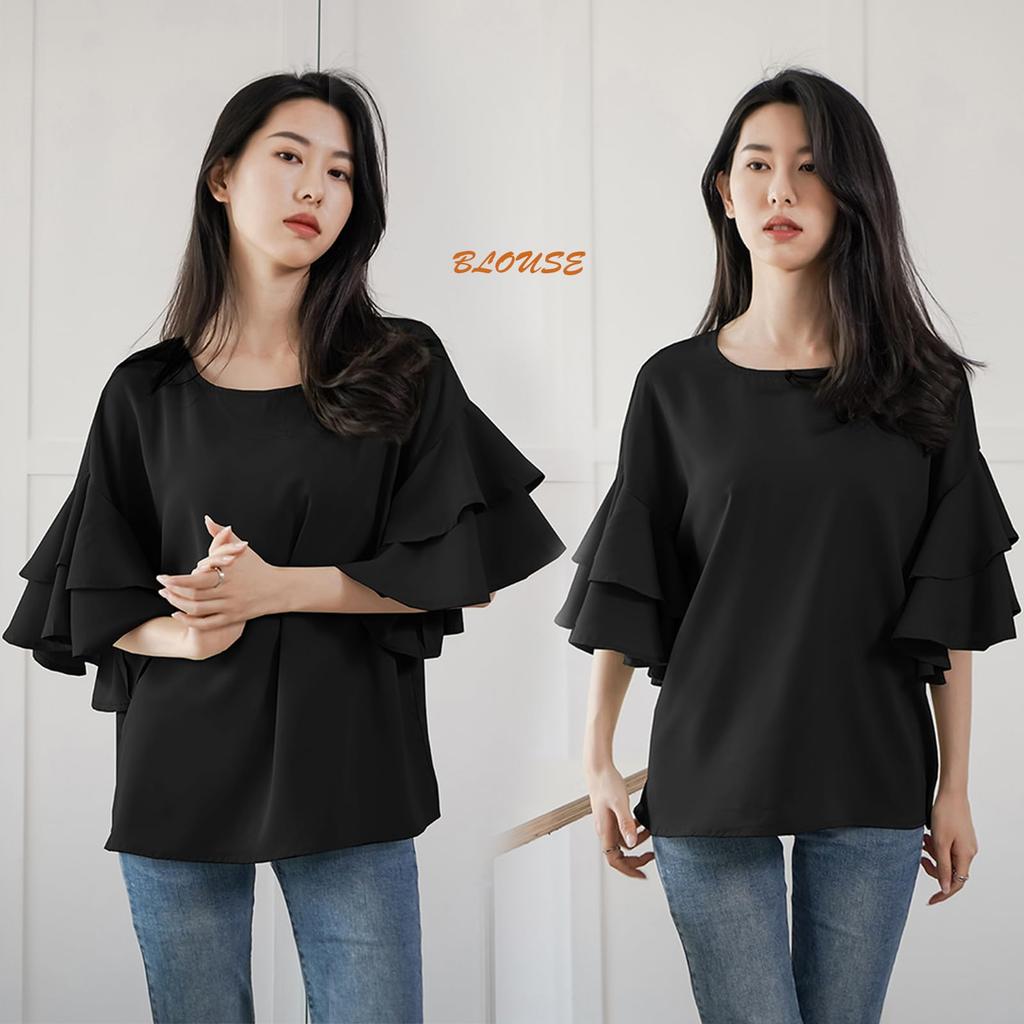 Ruffled Flare Stylish Cool Short Loose Fashionable for Office [POGCZMKK] Women's Blouse, Shirt, Neck, Sleeves, Fit, Flattering, Cute, Commuting, Lady,