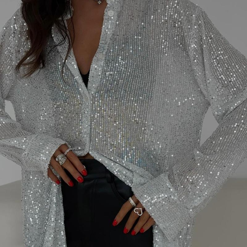 Spring Solid Long Sleeve Sequin Casual Shirts Women Fashion Street Turn Down Collar Loose Women's Blouses Summer Tops Elegant Button Up Shirt 26491