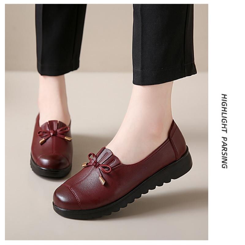 Women's Leather Slip-On Loafers Comfortable Thick Sole Casual Shoes with Bow Detail