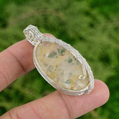 Sterling Silver Oval Plume Agate Stone Bezel Wire Wrap Birthday Wedding Pendant