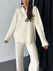 Women's Beige Knit Set with Half-Zip Top and Wide-Leg Pants, Split Hem Detail, Casual Elegant Outfit