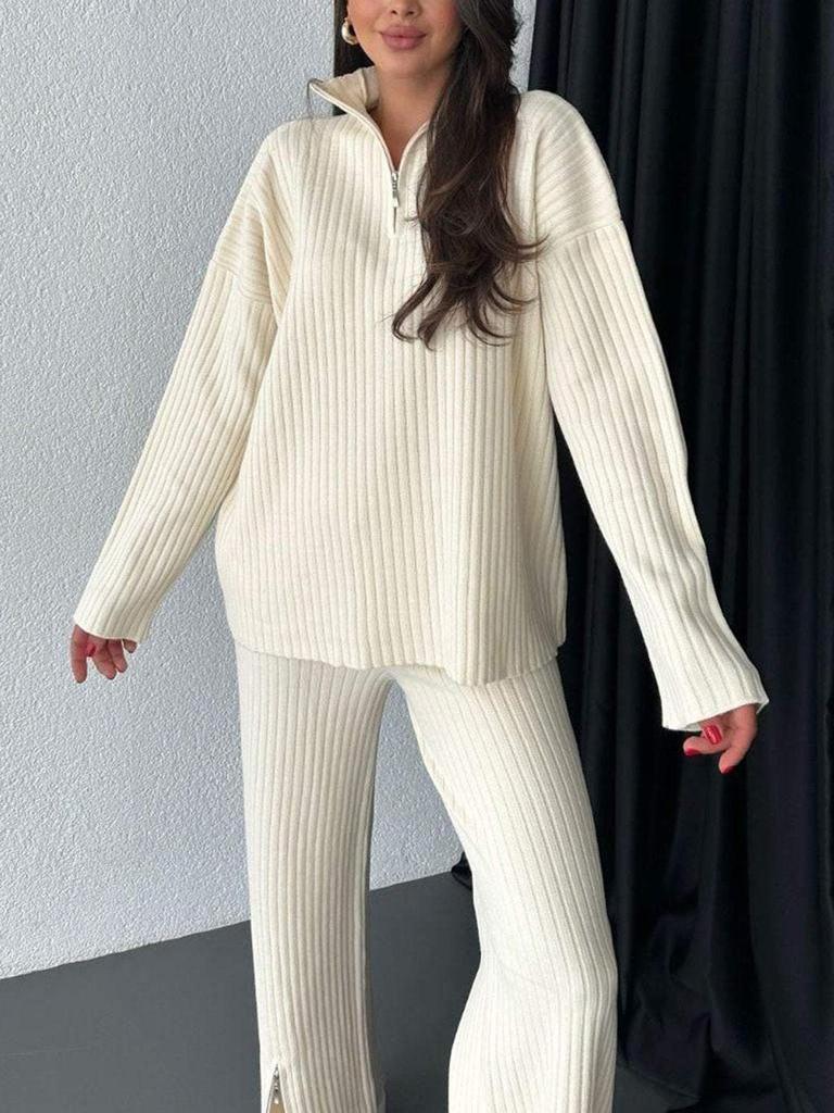 Women's Beige Knit Set with Half-Zip Top and Wide-Leg Pants, Split Hem Detail, Casual Elegant Outfit