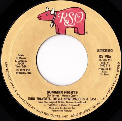 7-Zoll-Schallplatte JOHN TRAVOLTA, OLIVIA NEWTON-JOHN & - Summer Nights / Rock 'N' Roll Party RS906 RSO 1978 US Rock Gebraucht