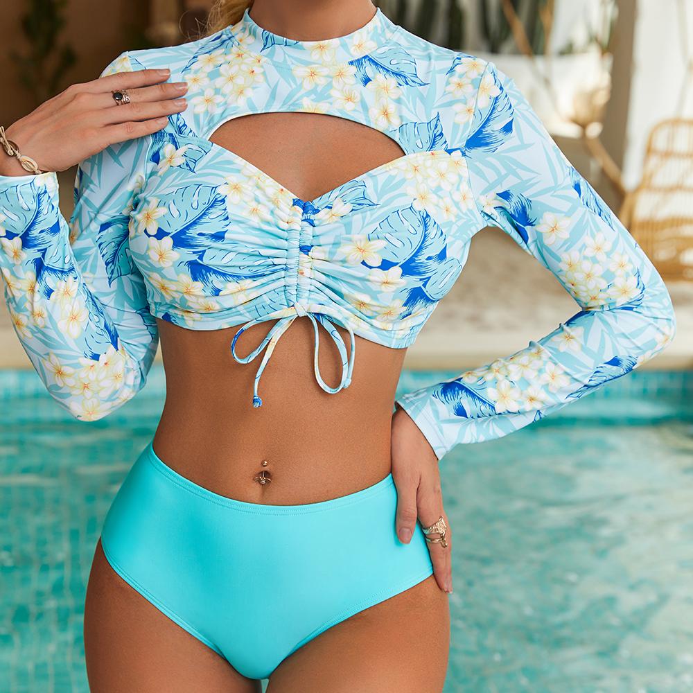 Anfilia Women's Two-Piece Swimsuit Printed Rash Guard Set Long Sleeve Hollow Out Lace-up Swimwear UPF50+