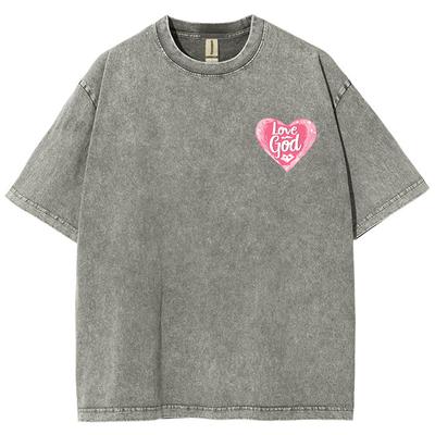 Love God Pink Heart Print Women's T-Shirt Washed Denim Fabric Oversized Unisex Half Sleeve Sweetheart Girl Black Pink Top
