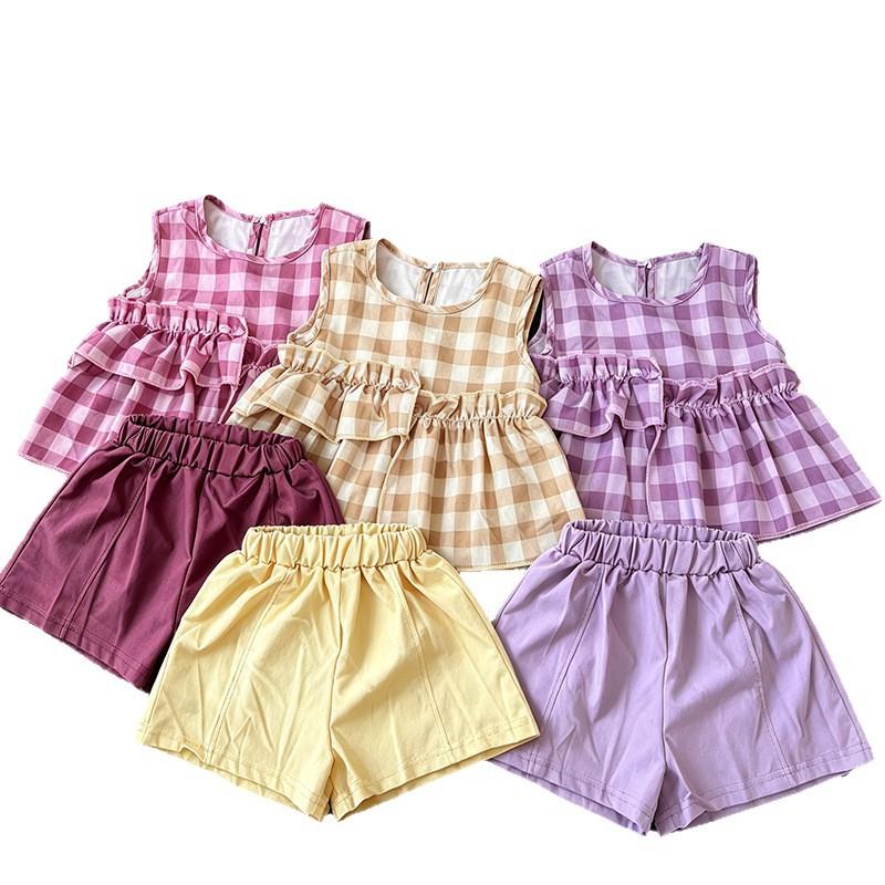 Girls Summer Plaid Sleeveless Top And Shorts Set Toddler Baby Fashionable Casual Two Piece Outfit For Weather