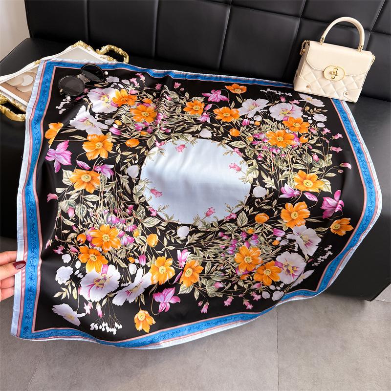 Korean Version of Sweet Flower Simulation Silk High-end Square Scarf Silk Scarf Printed Shawl Scarf Sunscreen Scarf Headscarf Scarf