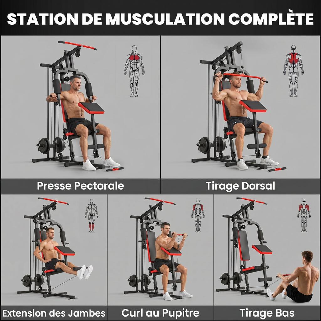 Weight Training Station, Free Weights, Removable Bench, 136 x 107 x 205 cm, Black Red