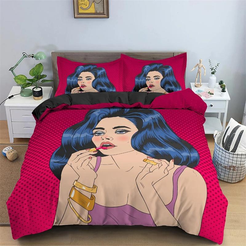 Cartoon Girls Duvet Cover Cute Lipstick Fashion Theme for Women Gifts for Bedroom Decorations with Pillowcase Queen King Size