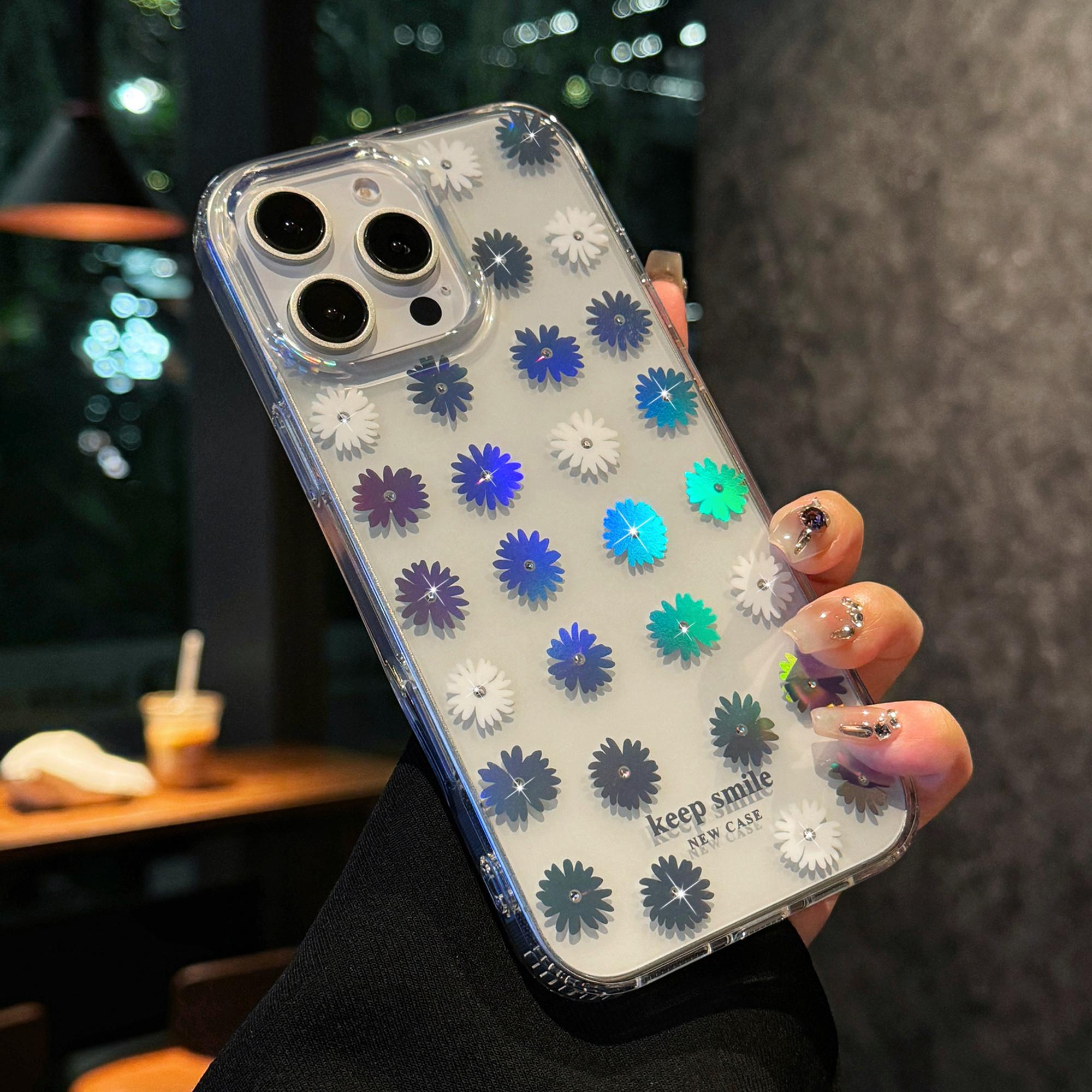 

For iPhone 15 Pro Max Case Laser Flower IMD PC+TPU Clear Phone Cover Little Daisies