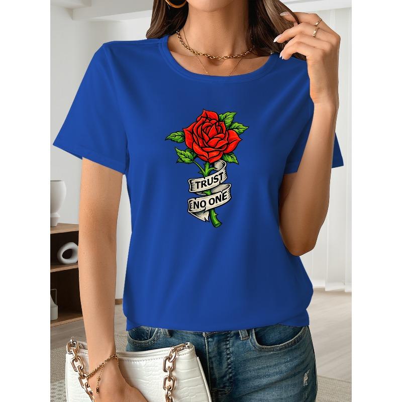 A Rose Women s Printed Short-sleeved Spring and Summer Casual Short-sleeved T-shirt, Casual Short-sleeved Round-neck Top, S синий
