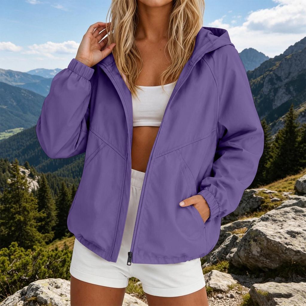 Women's Lightweight Hooded Rain Jacket with Zipper - Casual Windbreaker for Outdoor Wear