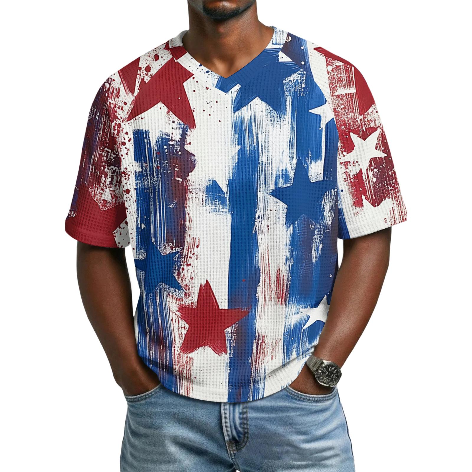 

Men s casual fashionable colorful flag pattern printed shirt - Men s breathable V-neck short-sleeved shirt XXXL синий