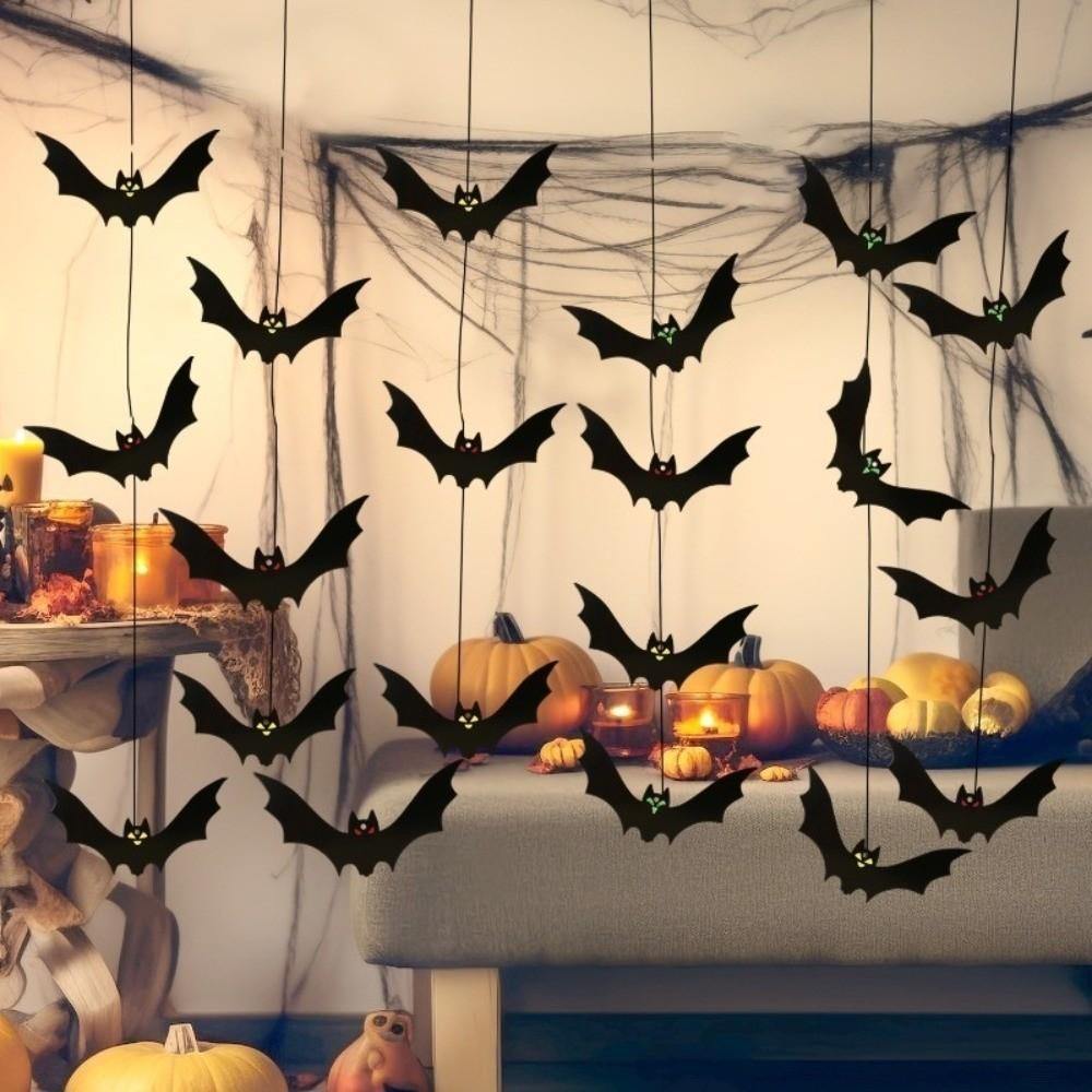 18Pcs Black Halloween Bat Flag with Eyes Hanging Ornaments Simulation Bat Pendant Horror Props with Ribbon Bat Decorations
