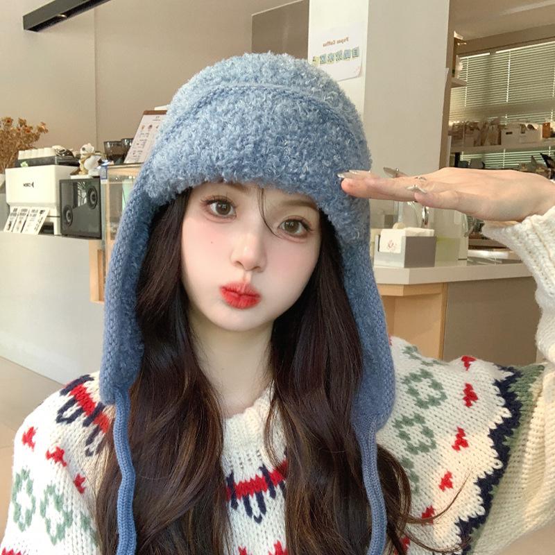 Autumn And Winter Haze Blue Knitted Hat Women'S Cold Protection And Warmth Korean Version Versatile Face Small Ear Protection Pullover Hat