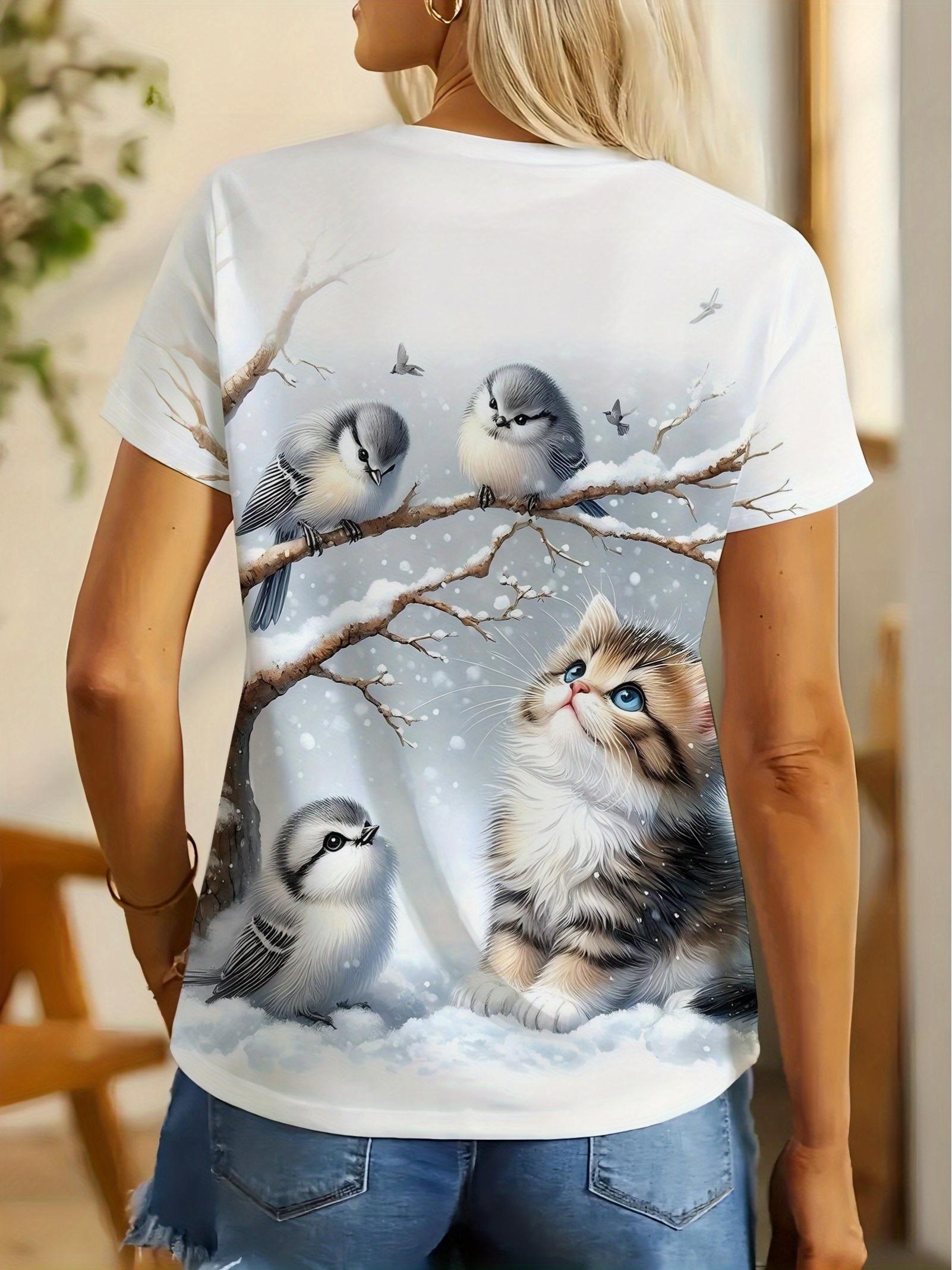 

Women S Short-Sleeve T-Shirt with Adorable Seasonal Designs Showcasing Kittens And Birds. Featuring a Snow Branch Pattern And a Casual Round Neck 3XL дубильна кора