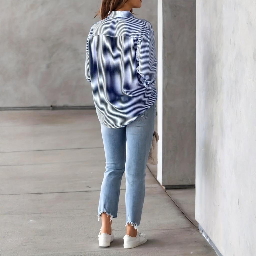 Camicia da donna a maniche lunghe a righe tinta unita, colletto button-down, camicia ampia