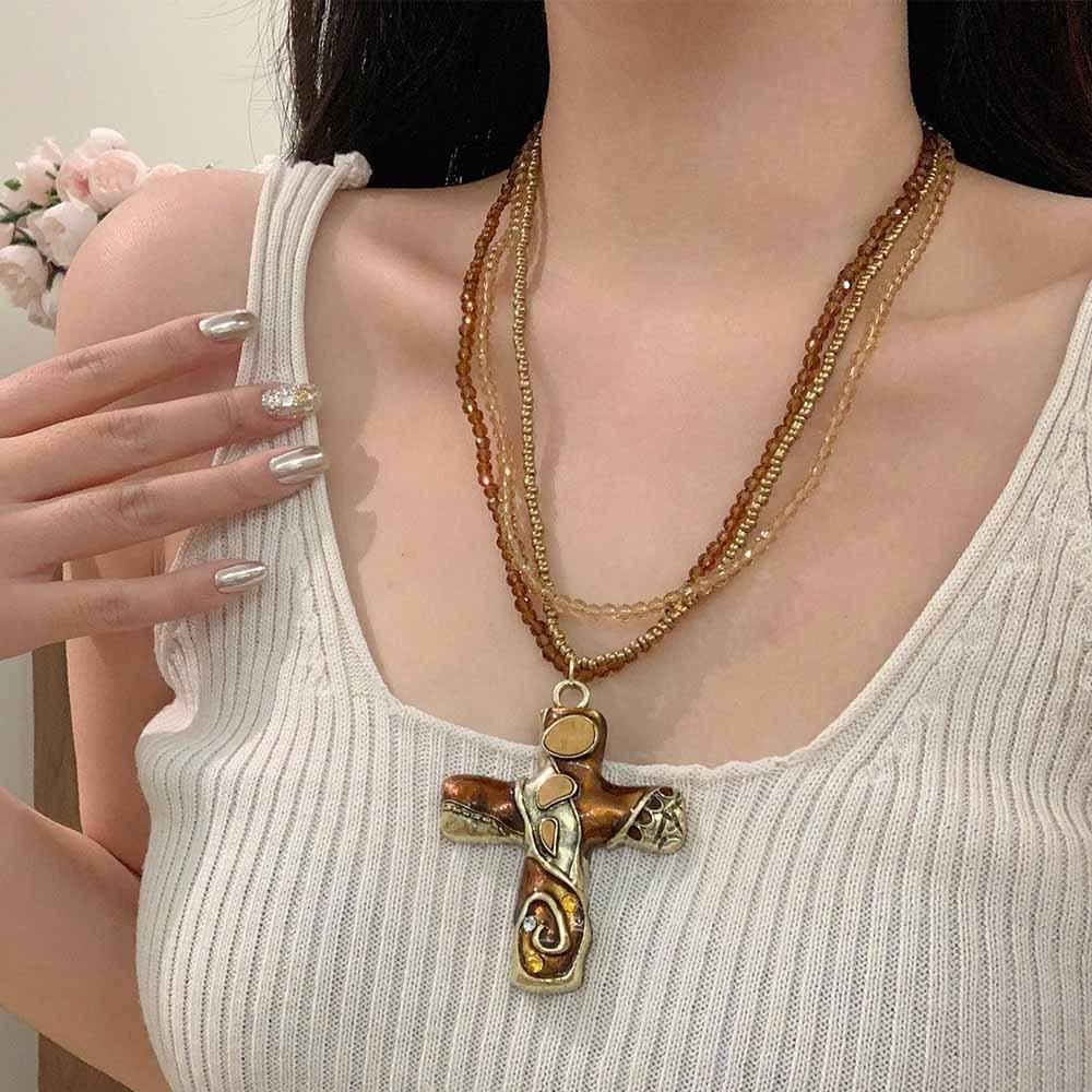 Metal Pendant Beaded Chain Necklace Multicolor Sweater Necklace Gothic Cross Necklace Women