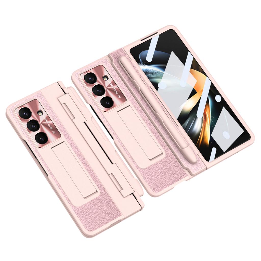 For Samsung Galaxy Z Fold7 5G Case Kickstand Leather+PC Phone Cover with Tempered Glass Film/Stylus