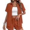 Women Short Sleeve Button Down Shirt and Shorts Set Two Piece Outfit with Pockets Casual Loose Fit Drawstring Waist Lounge Set