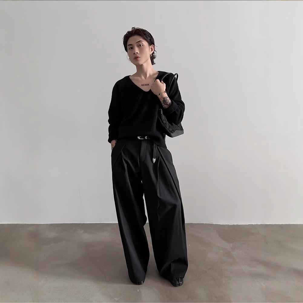 Men's Pleated Front Wide Leg Pants Cleanfit Black Solid Low Waist Dressy Trousers Office Work Casual Clothes