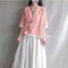 Women's Retro Cotton Linen Frog Button Top - Summer Chinese Tea Ceremony Style with Oblique Lapel and Five-Point Sleeves