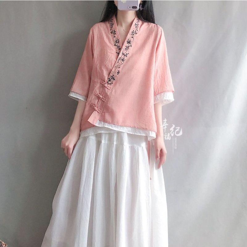 Women's Retro Cotton Linen Frog Button Top - Summer Chinese Tea Ceremony Style with Oblique Lapel and Five-Point Sleeves