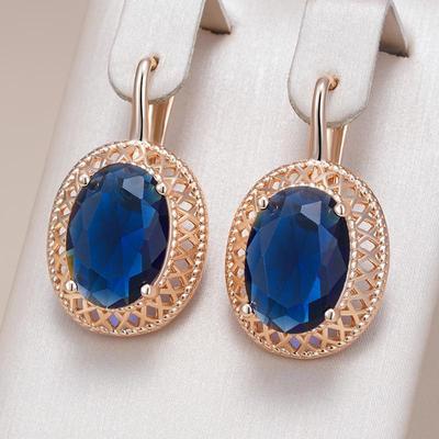 Mesh Texture Inlay Blue Zircon Oval Geometric English Earrings for Women Fashion Golden Earrings Accessories Ethnic Style Wedding Party Jewelry