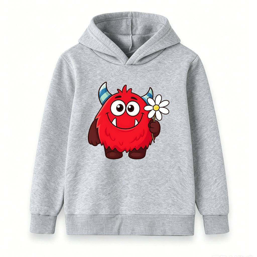 Kids Unisex Cute Red Furry Monster Print Hoodie, Casual Long Sleeve Pullover Sweatshirt Adorable Chamomile Flower Pattern for Boys Girls Daily Wear