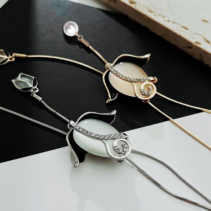 Elegante Koreanische Lange Halskette Mit Tulpen Katzenaugenstein Blumenanhänger Ideal Für Wintermode