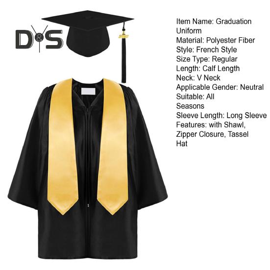 3 Pcs/Set Children Kindergarten Graduation Uniform with Tassel Hat And Shawl V Neck Calf Length Long Sleeve Zipper Closure Elementary Graduation Robe