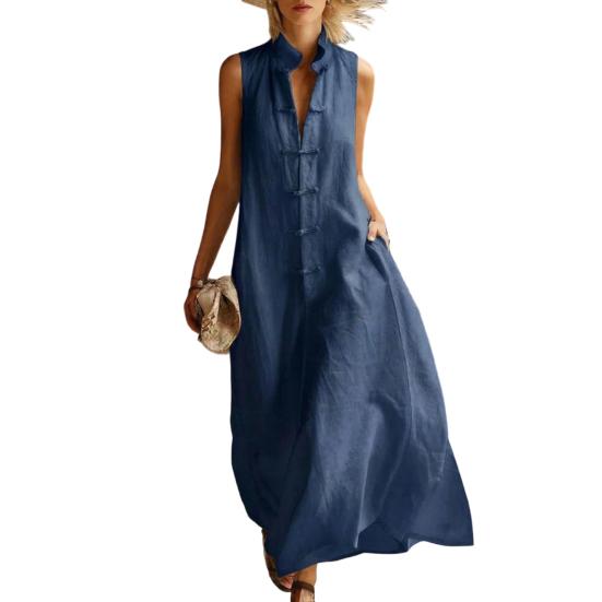 

Women s Summer Sleeveless Button Down Tank Dress Stand Collar Casual Cotton Linen Long Dress Loose A-Line Flowy Beach Sundress XXXL темно-синього кольору