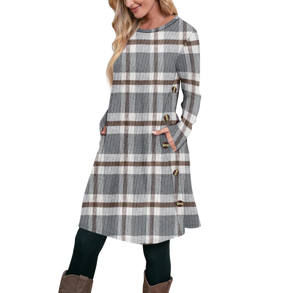 Women's Fashion Casual Long SleeveTunic Dress With Pockets Side Button Dress