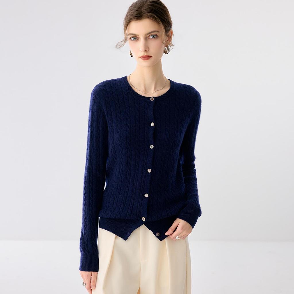 Lekasha Cashmere 12-Gauge Cable Knit Round Neck Cardigan Sweater Coat
