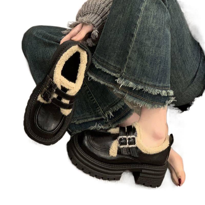 Damen Britischer Stil Fleecegefütterte Doppel-Schnallen Slipper - Dicksohlige, Vielseitige, Warme Lederschuhe