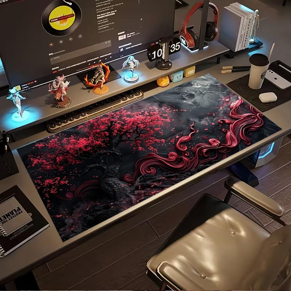Übergroße Gaming-Schreibtischmatte Roter Drache Pflaumenblüten-Tuscheprint Rutschfeste Gummi-Verriegelungskanten-Matte für Laptop, Büro, Schreibtischzubehör