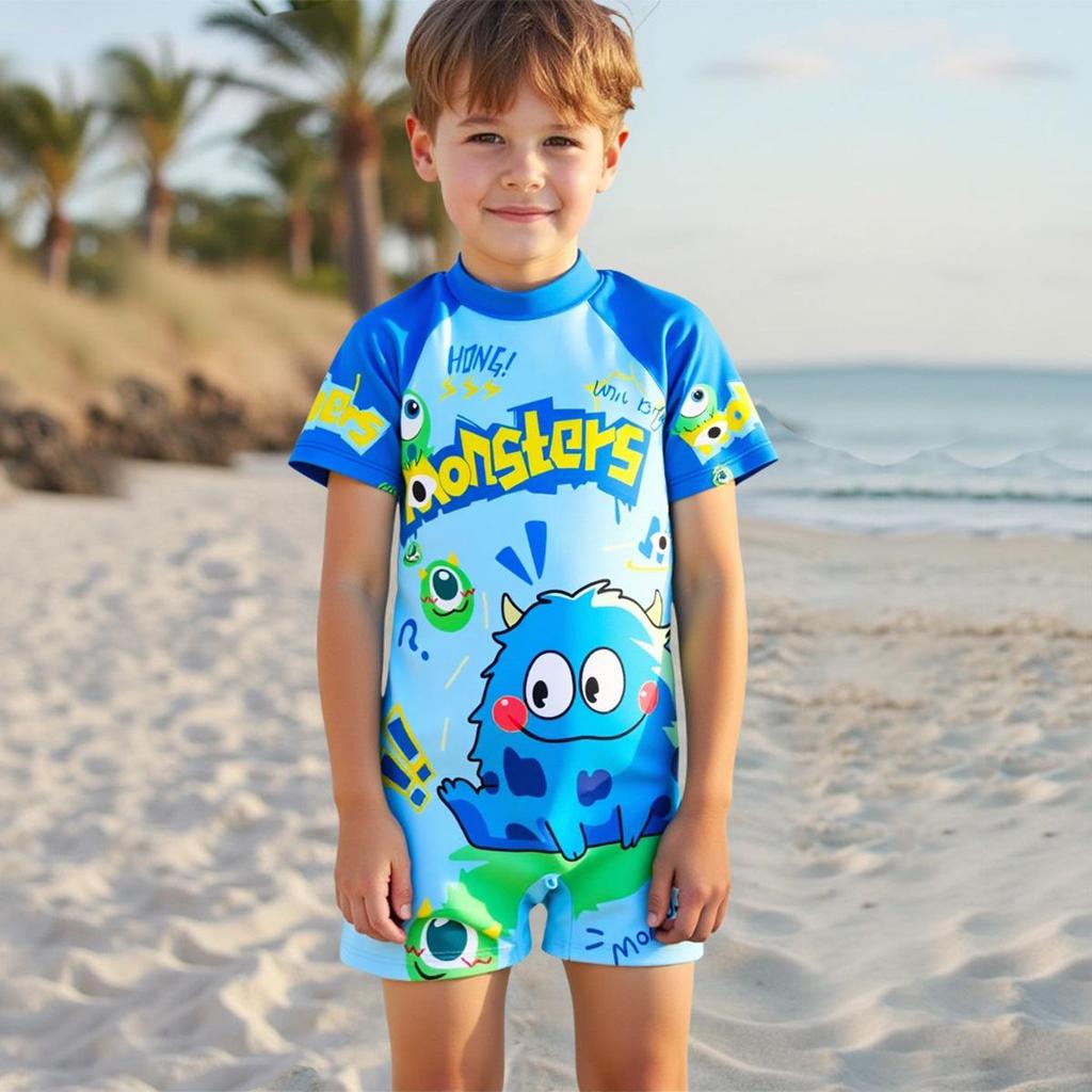 Chlapecké kreslené jednodílné plavky s krátkým rukávem na zip a ochranou proti slunci (2025)