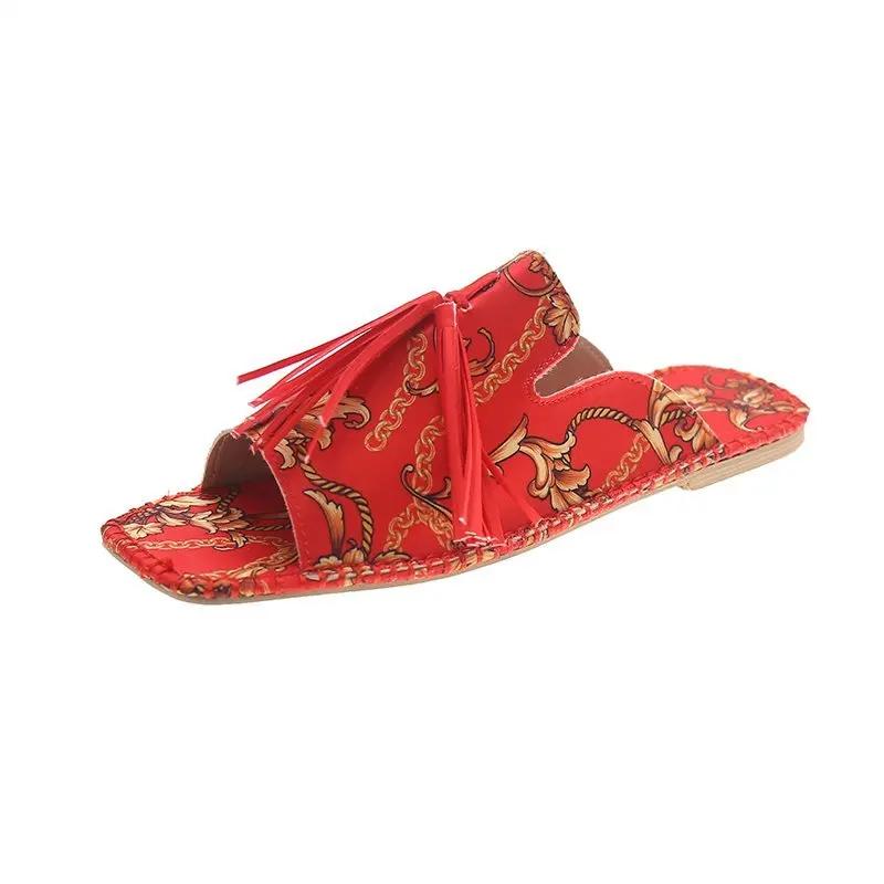 Fashion 2024 New Large Slippers Retro Printed Silk Square Head Flat Bottom Casual Cool Slippers Fairy Style